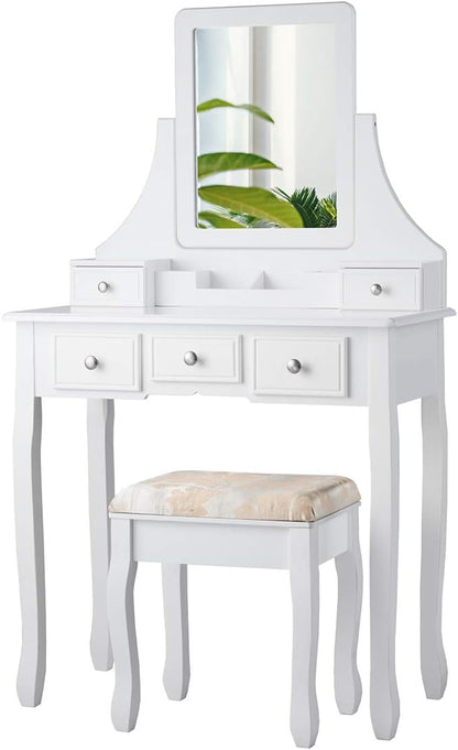 CHARMAID Makeup Vanity Set with Mirror and Cushioned Stool, Dressing Table with 5 Drawers and Removable Storage Organizers, Bedroom Makeup Table with Stool for Women Girls (White)
