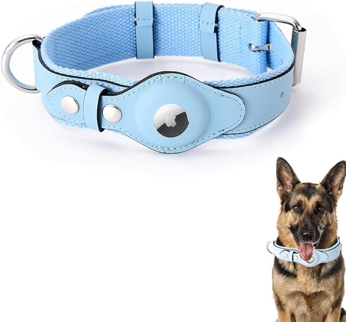 AirTag Dog Collar Soft Leather Webbing Dog Collar for AirTag Provides Double Protection for Small Medium and Large Dogs(Blue,S)-Mewly Pet