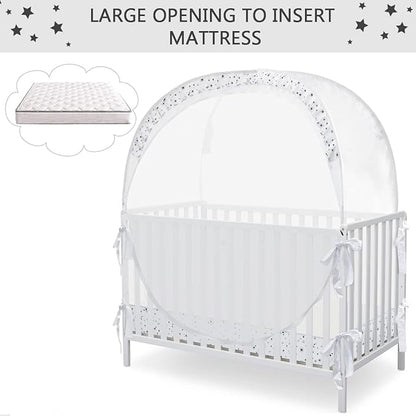 Baby Pop Up Crib Tent, Crib Net to Keep Baby from Climbing Out, Crib Canopy Cover Against Falling and Bites, Strong Frame & Soft Breathable Mesh, White+stars