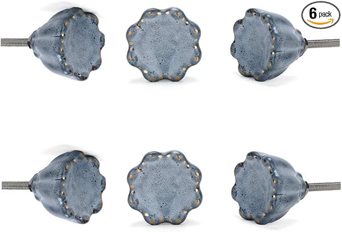 Perilla Home Set of 6 Begonia Knob Ceramic Decorative Begonia Round Knobs for Home Kitchen Cabinet Hardware Cupboard Door Dresser Wardrobe Drawer Pulls (Grey)
