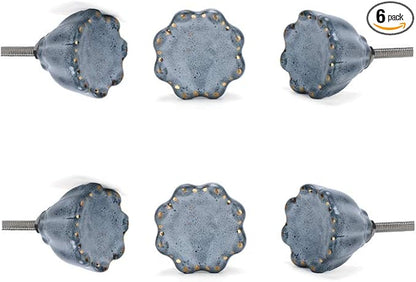 Perilla Home Set of 6 Begonia Knob Ceramic Decorative Begonia Round Knobs for Home Kitchen Cabinet Hardware Cupboard Door Dresser Wardrobe Drawer Pulls (Grey)