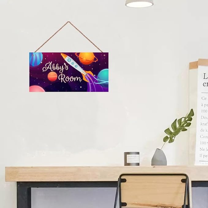 Personalized Sign Rocket Sign, Outer Space Theme Wall Decor Custom Name Door Plate for Kids Room Nursery Stars Galaxy Art Wall plaques For Boys Room Girls Bedroom