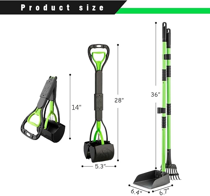 MXF Dog Pooer Scooper Set, 2 in 1 Pet Poop Scooper with Long Handle 28" Dog Poop Picker Upper and Stainless Metal Tray & Rake for Medium & Small Dogs, Heavy Duty for Grass, Dirt, Gravel-Mewly Pet