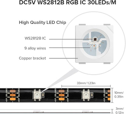 SEZO WS2812B LED Strip Light 16.4FT 30Pixel/M 150LEDs DC5V Individual Addressable LED Strip SMD5050 RGB Dream Color Programmable LED Light Strip Flexible IP65 Waterproof Black PCB