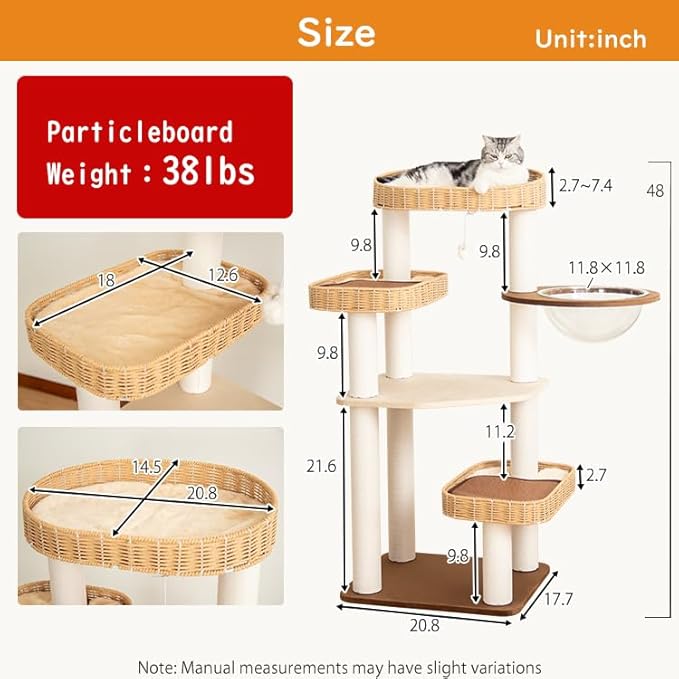 48'' Cat Tree for Large Cats, Modern Cat Tree Multi-Level Condo with Natural Wood, Cat Activity Centre for Medium and Big Pets-Mewly Pet