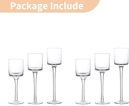 NUPTIO Glass Tealight Candle Holders: Set of 6 Tall Candle Stands for Dinner Table Centerpiece - Stemmed Candleholders for Pillar Floating Candles