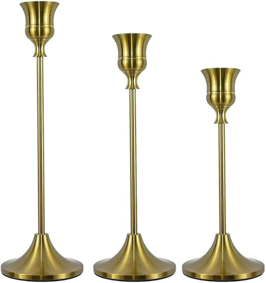 Candlestick Holders, Taper Candle Holders Set of 3, Vintage Candle Holder Decor for Table Centerpiece, Fireplace Mantel, Weddings & Housewarming (Brass Gold, 3 pcs)