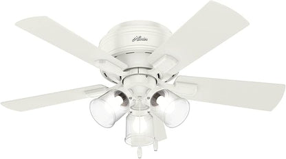 Hunter Fan Company 52152, 42 inch Crestfield Fresh White Low Profile Flush Mount Ceiling Fan with Lights LED and Pull Chain
