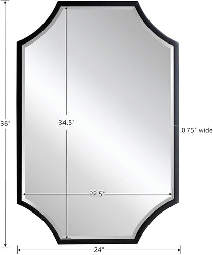 Kelly Miller Scalloped Black Bathroom Mirror for Wall, 24"x36" Black Mirror Decorative Wall Mirror Art Framed Mirror Bevelled for Master Bath Half Bath Living Room Fireplace Mantle Entryway Hallway