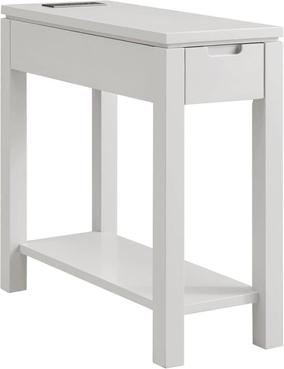 Leick Home Cade Wood Side Table with Drawer, AC & USB Outlet, Floating Top Design, Solid Wood, Storage Shelf, Compact for Small Spaces, 24 in D x 10 in W x 24 in H, Gray, 9080-GR