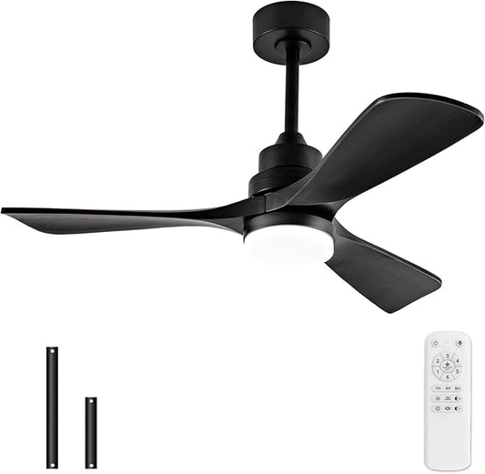 BOJUE 42 Inch Black Ceiling Fans with Lights and Remote,Dimmable LED Light,Quite Reversible DC Motor,Memory Function,Modern Solid Wood Indoor Outdoor Ceiling Fan with Light for Farmhouse Bedroom Patio