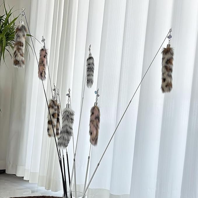 Interactive Cat Wand Toy with Cat Dancer, Retractable Feather Fox Tail Teaser for Indoor Cats, Enrichment Play Kittens to Senior Cats(Arctic White)-Mewly Pet