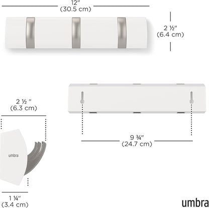 Umbra Flip Wall-Mounted Coat Rack Rail Hook for Hats, Jackets, Bags and More – Modern, Space-Saving Storage Organizer for Entryway, Mudroom, Closet, Bathroom, Bedroom, Kids Room, or Nursery, 3 Hooks,