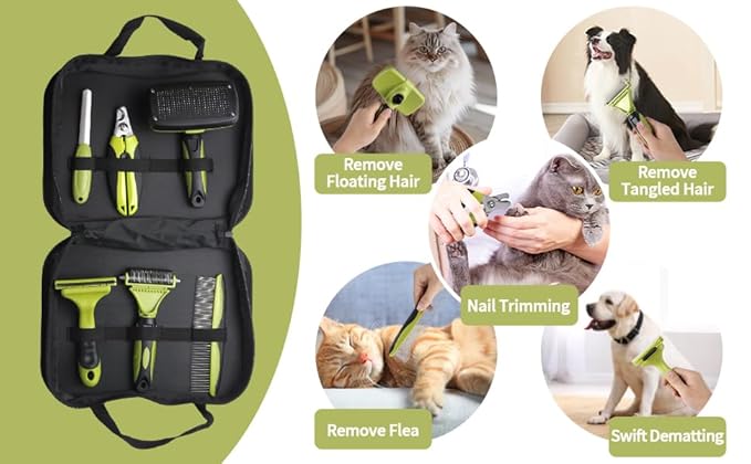 6 PCS Dog and Cat Grooming Kit, Versatile Tools Including Shedding Brush, Nail Clipper with Nail File, Slicker Brush, Dematting Comb-Mewly Pet