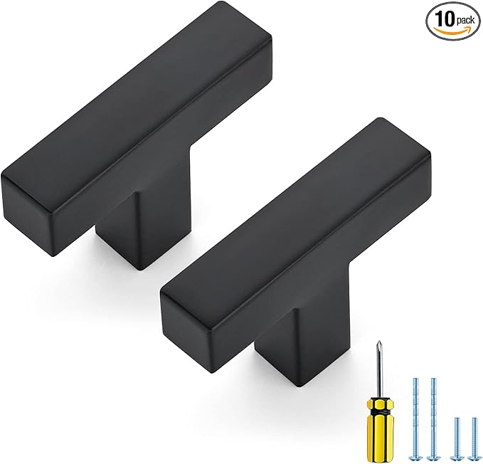 Ravinte 10 Pack Black Cabinet Pulls Single Hole Square Kitchen Cabinet Handles Matte Black Kitchen Hardware for Drawer Pulls Drawer Handles Come with Screwdriver