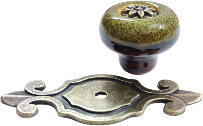 10 Pack Retro Ceramic Knobs,Vintage Dresser Kitchen Petal Cabinet Pulls Rustic Zinc Alloy Base Back Plate Kid Cupboard Wardrobe Drawer Door Handles (Leopard Print Green)