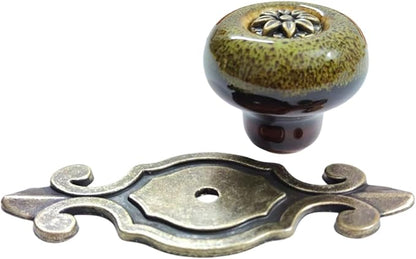 10 Pack Retro Ceramic Knobs,Vintage Dresser Kitchen Petal Cabinet Pulls Rustic Zinc Alloy Base Back Plate Kid Cupboard Wardrobe Drawer Door Handles (Leopard Print Green)