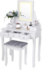 BEWISHOME Vanity Desk, Girls Vanity Set with Mirror and Lights,Small Makeup Vanity Table with 5 Drawer & Stool,Dressing Table with 3 Colors Lighting Adjustable Brightness for Girls White FST07W