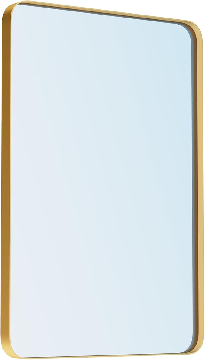 VocalStar Gold Bathroom Mirror for Wall, 24 x 32 Inch Metal Framed Rounded Rectangle Vanity Mirror Modern Farmhouse, 1/4-inch Shatterproof Glass | Ultra-Flush Hanging