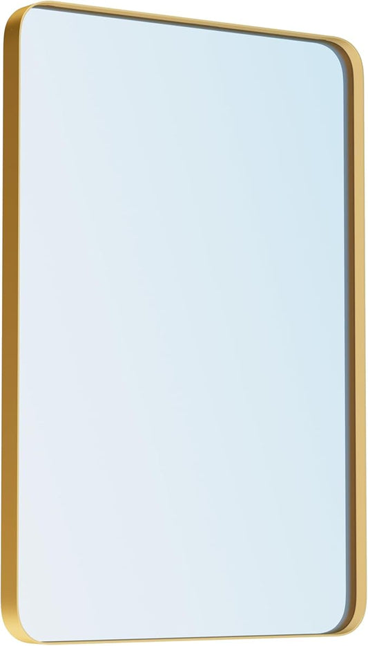 VocalStar Gold Bathroom Mirror for Wall, 24 x 32 Inch Metal Framed Rounded Rectangle Vanity Mirror Modern Farmhouse, 1/4-inch Shatterproof Glass | Ultra-Flush Hanging