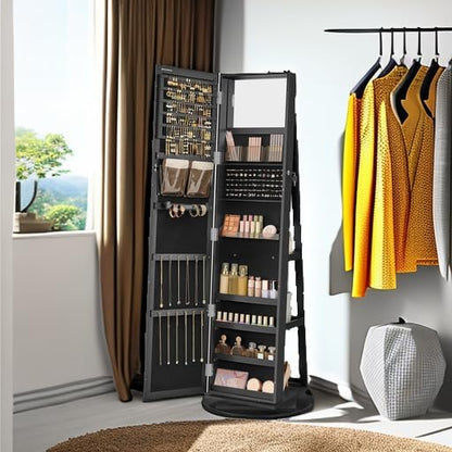 SONGMICS 360° Swivel Jewelry Cabinet, Lockable Jewelry Organizer with Full-Length Mirror, Rear Storage Shelves, Interior Mirror, Jewelry Armoire, Christmas Gifts for Women, Gift Idea, Black UJJC006B01