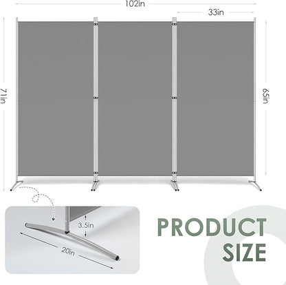 RANTILA 3 Panel Room Divider, 6 Ft Tall Folding Privacy Screen Freestanding Room Partition Wall Dividers, 102''W x 20''D x 71''H, Grey