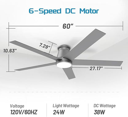 wurzee 60 Inch Flush Mount Ceiling Fan, Matte Silver Low Profile Fan Reversible DC Motors, Dimmable, Timer, Noiseless, Ceiling Fan for Indoor & Outdoor Bedrooms, Living Rooms