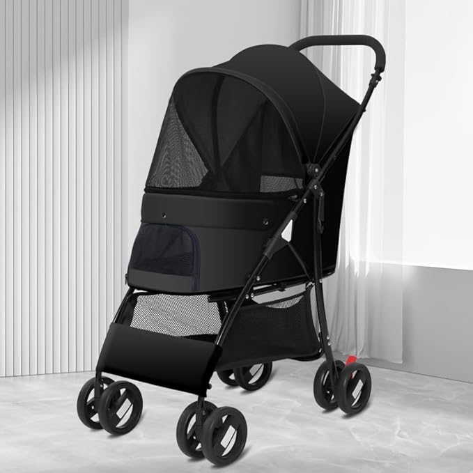 Sunny Sonny Foldable Jogger Pet Stroller with Weather Cover Storage Basket Pet Travel Carrier for S/M Dogs Cats up to 33lbs (Black)-Mewly Pet