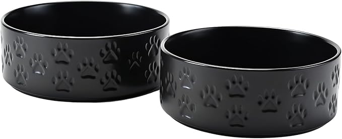 SPUNKYJUNKY Ceramic Dog Bowls 2 Pack, 8.3'' Dog Food Water Double Feeding Bowls Non-Slip for Medium to Large Sized Breed Microwave Dishwasher Safe - 60 OZ, 2pcs, Paw Black-Mewly Pet