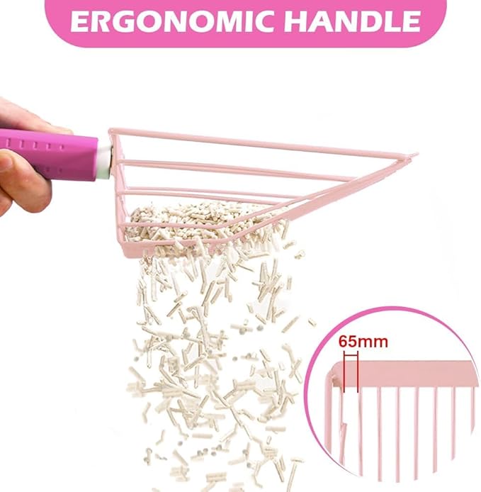 Cat Litter Scoop, 2-in-1 Detachable Ergonomic Handle, Metal, Bar Grid Shape with Suspendable Cord (Pink)-Mewly Pet