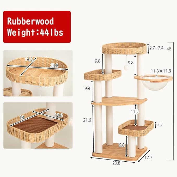 48'' Cat Tree for Large Cats, Modern Cat Tree Multi-Level Condo with Natural Wood, Cat Activity Centre for Medium and Big Pets (White LS02)-Mewly Pet