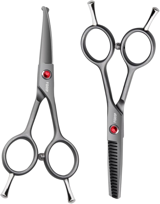 4.5" Dog Grooming Scissors - 2pcs Curved Scissors & Thinning Shears for Small Dog, Cat Face & Paws - Japan 440C (2Kit)-Mewly Pet