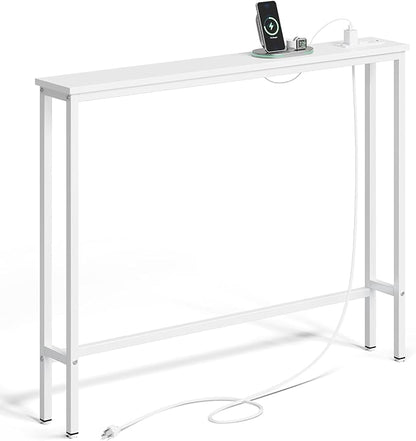 ELYKEN 5.9" Narrow Console Sofa Table with Power Outlets, 5.9" Dx39.4 Wx31.1 H Long Couch Table with Metal Frame and Charge Station with 6.5’ Extension Cord, White