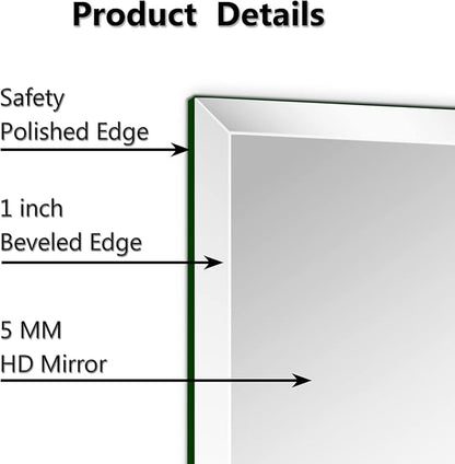 20"x30" Frameless Rectangle Wall Mirror with 1 inch Beveled Edge for Bathroom Vanity
