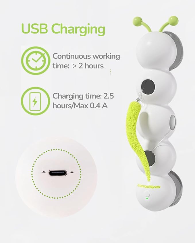 Interactive Caterpillar Cat Toy, Motion Sensor, Simulation of Biological Trajectory, ABS, USB Rechargeable, Stable Suction Cup, Cat Feather Toys for Indoor Cats, Caterpillar Smart Toy with 2 Tails-Mewly Pet