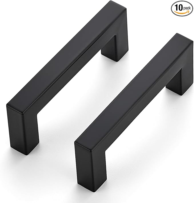 JOY DECOR 10 Pack Cabinet Handles, Black Cabinet Pulls, 3 Inch Kitchen Closet Handles Square Drawer Pulls Stainless Steel Drawer Hardware, 76mm Hole Centers