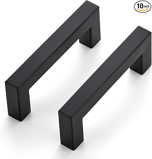 JOY DECOR 10 Pack Cabinet Handles, Black Cabinet Pulls, 3 Inch Kitchen Closet Handles Square Drawer Pulls Stainless Steel Drawer Hardware, 76mm Hole Centers