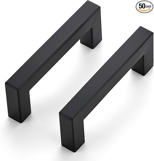 JOY DECOR 50 Pack Cabinet Handles, Black Cabinet Pulls, 3 Inch Kitchen Closet Handles Square Drawer Pulls Stainless Steel Drawer Hardware, 76mm Hole Centers