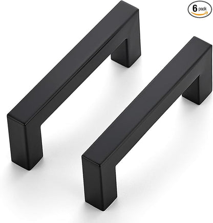 JOY DECOR 6 Pack Cabinet Handles, Black Cabinet Pulls, 3 Inch Kitchen Closet Handles Square Drawer Pulls Stainless Steel Drawer Hardware, 76mm Hole Centers
