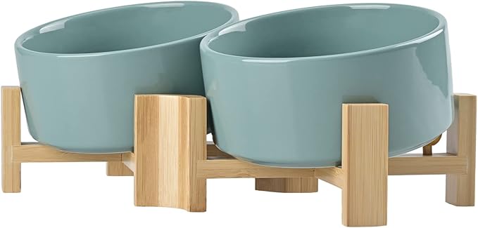 SPUNKYJUNKY 15° Slanted Ceramic Dog and Cat Bowl with Wooden Stand, Tilted Bulldog Food and Water Bowl No Slip Non-Spill for Cats Medium Dogs Big Face Pets 28.7 OZ (3.6 Cups, Light Green × 2)-Mewly Pet