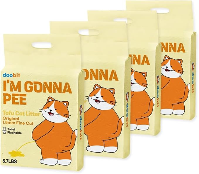 I'm Gonna Pee, DOOBIT Tofu Cat Litter 100% Natural,1.5mm Fine Cut,Toilet Flushable,Solubility in Water,Clumping,Ultra Absorbent, Really Dust-Free,Less Scattering,Safe for Environment (5.7lb x 4pack)-Mewly Pet