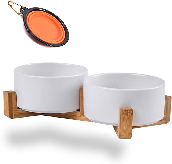 Petygooing Dog Bowls,White Ceramic Cat Dog Bowl Set with Wood Stand for Food and Water Feeder, Modern Pet Dish Set for Cats and Small Size Dogs Puppy (13.5OZ/5.1 in)-Mewly Pet