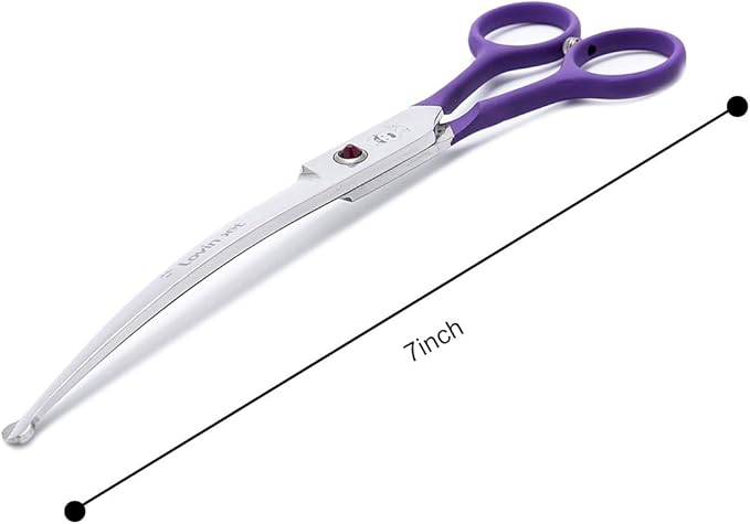 LovinPet Pet Grooming Scissors 7" Curved Right/Left-Handed Pet Round-Tip Grooming 6CR Stainless Steel Safety trimming shears for Dogs and Cats (Easy use Curved Scissor)-Mewly Pet