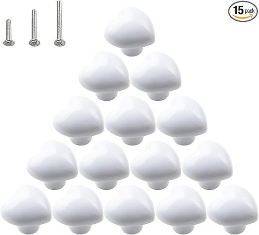 HUAMULAN 15PCS Glossy Ceramic Knobs Heart Shape Cabinet Dresser Pulls Door Handles Cupboard Wardrobe Drawer,White