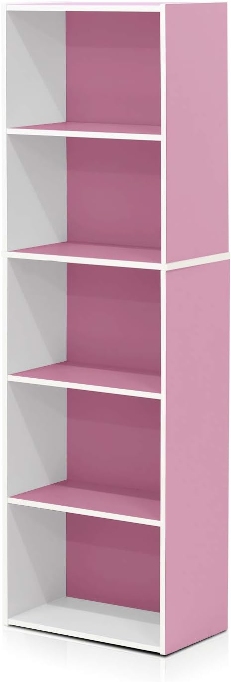 Furinno LUDER Book Shelf, 5-Tier Bookshelf, Bookcase, 9.4" x 15.8" x 52", for Living Room, Bedroom, Home Office, White/Pink