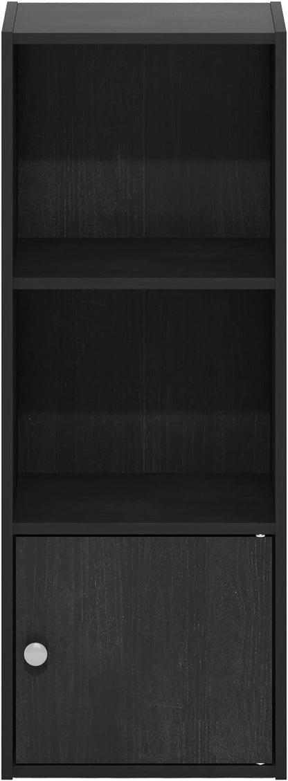 Furinno LUDER Book Shelf, 3-Tier Modern Bookshelf, Bookcase with 1 Door Storage Cabinet, 9.3" x 12" x 31.5", for Living Room, Bedroom, Home Office, Blackwood
