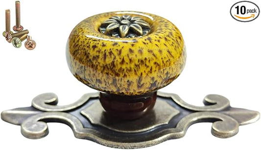 10 Pack Retro Ceramic Knobs,Vintage Dresser Kitchen Petal Cabinet Pulls Rustic Zinc Alloy Base Back Plate Kid Cupboard Wardrobe Drawer Door Handles (Leopard Print Yellow)