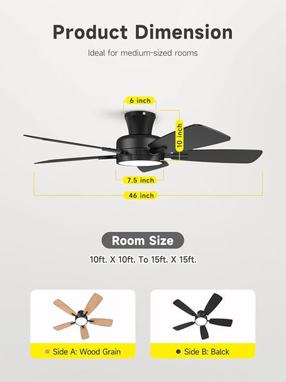 TALOYA Ceiling Fans with Lights and Remote, 46 Inch Low Profile Ceiling Fan with Light, Flush Mount, Reversible, 3CCT, Dimmable Black Modern Ceiling Fan for Bedroom, Living Room, Outdoor Patio