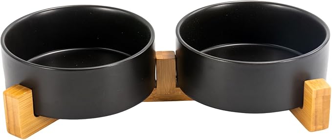 SPUNKYJUNKY Ceramic Dog and Cat Bowl Set with Wooden Stand, Modern Cute Weighted Food Water Bowl Set for Medium to Large Size Dogs (42 OZ, 2 × Black)-Mewly Pet