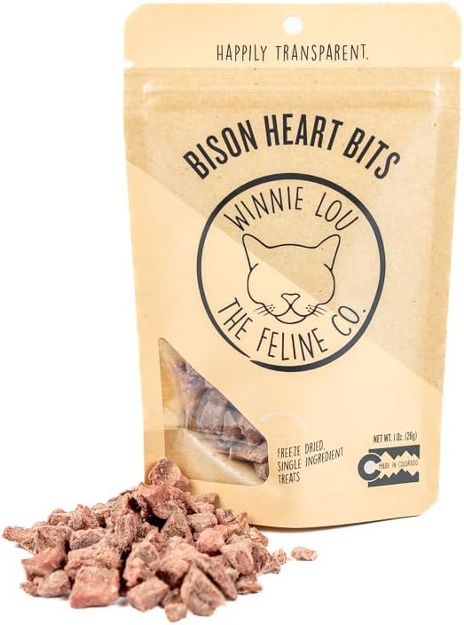 Grass-Fed Bison Heart Bits Cat Treats (Pack of 3) - Single Ingredient, High Protein Cat Food Snacks, Grain Free & Made in USA, with Taurine, Iron & Zinc for Healthy Cats-Mewly Pet